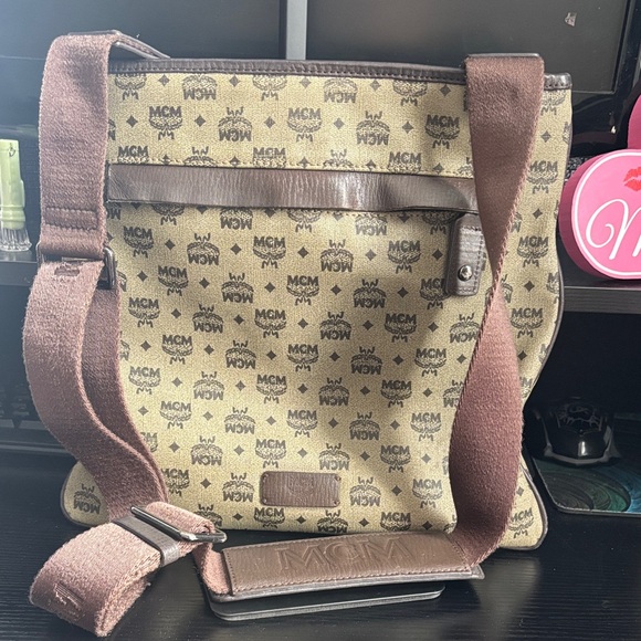 MCM Brown Monogram Canvas Messenger Bag with Leather Trim